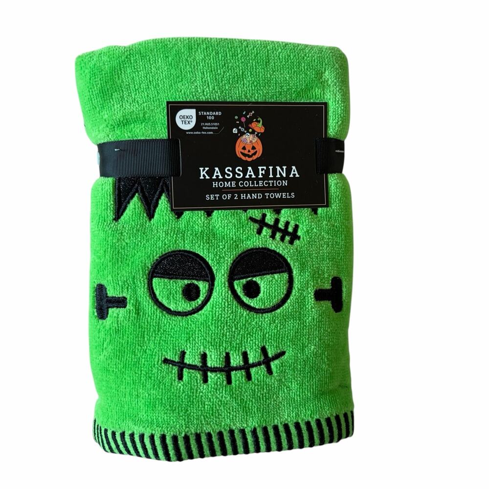 KASSAFINA Halloween Frankenstein Hand Towels 2pc Green Black Embroidered NEW